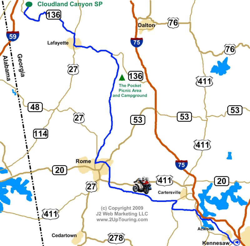 Georgia Motorcycle Roads - Kennesaw to Cloudland Canyon Motorcycle Ride Map