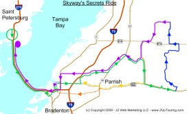 Map for the Skyway Secrets Motorcycle Ride in Central Florida