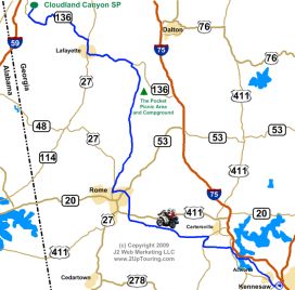 Georgia Motorcycle Rides - Kennesaw to Cloudland Canyon - Ride Route Map
