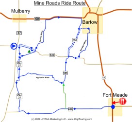 Map for Mine Roads Madness Ride in Central Florida